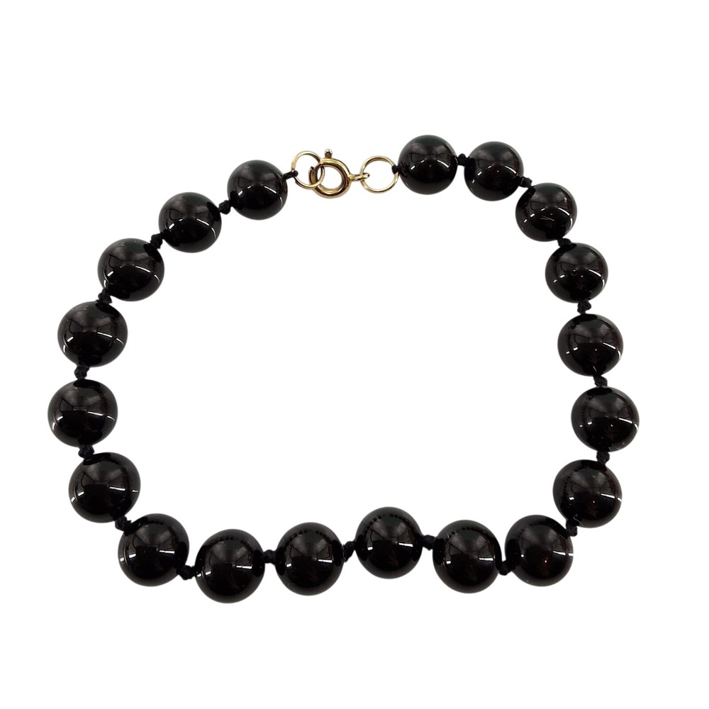 Vintage Genuine Black‎ Onyx Beaded Bracelet Hand Knotted Gold Tone Clasp 8"